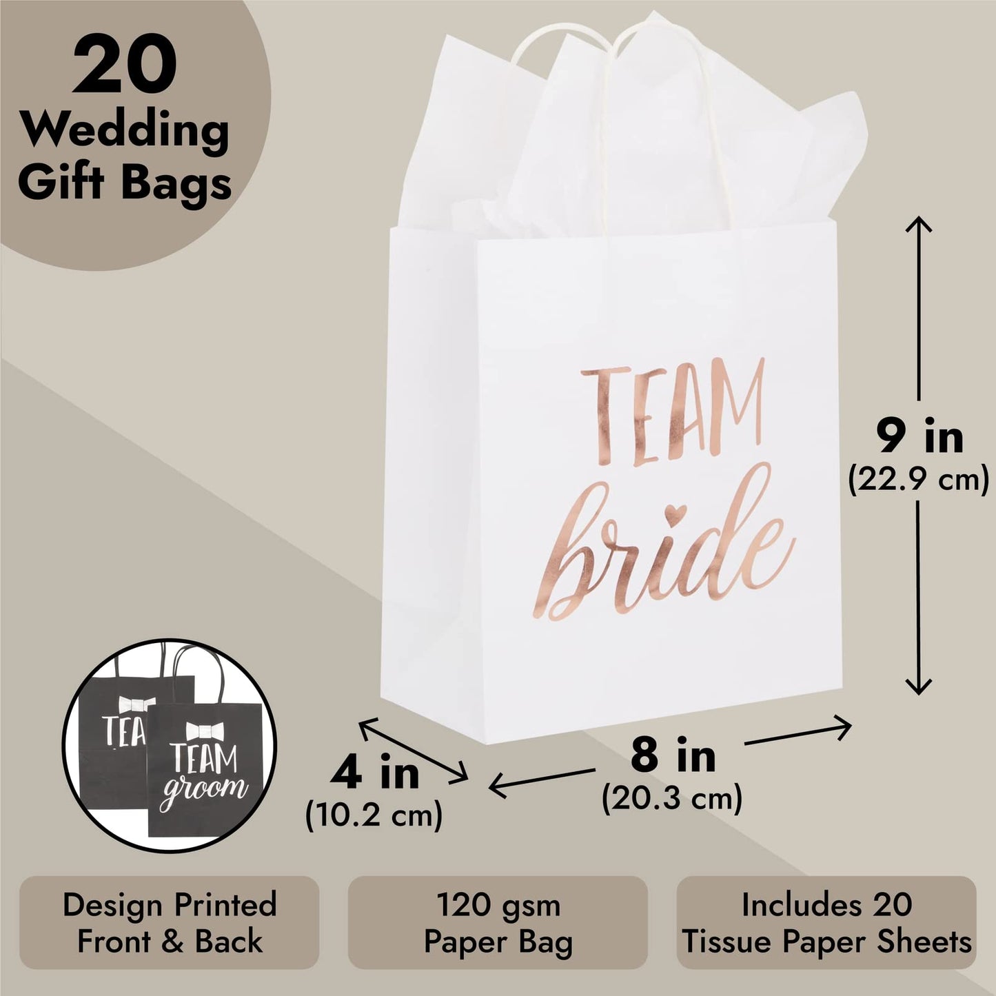 Juvale 20 Pack Bride and Groom Gift Bags with Tissue Paper for Wedding, Groomsmen, Bridesmaid, Reads Team Bride and Team Groom (8 x 4 x 9 In)