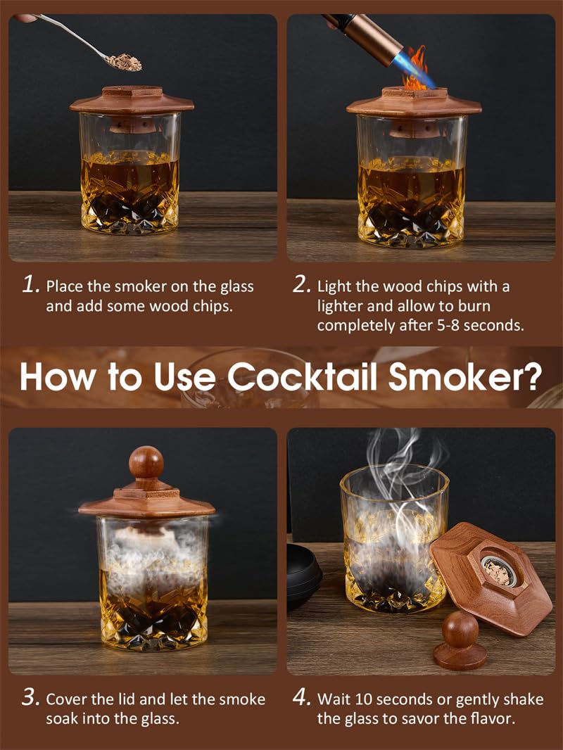 23Pcs Whiskey Smoker Kit with Torch-12 Wood Chips, Ice Ball Mold, Cocktail Smoker Infuser Kit, Old Fashioned Drink Smoker Kit, Birthday Bourbon Whiskey Gifts for Men,Dad,Him, Valentine's Day Gifts