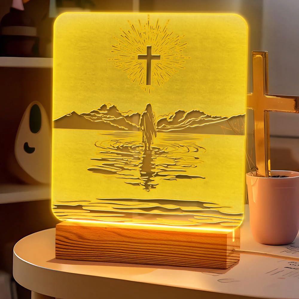 Christian Mom Gift – LED Night Light with Jesus and Cross Design – Mother's Day for Christian Mom – USB Powered Lamp – Wooden Base – Inspirational Christian Home Decor and Encouragement Gift