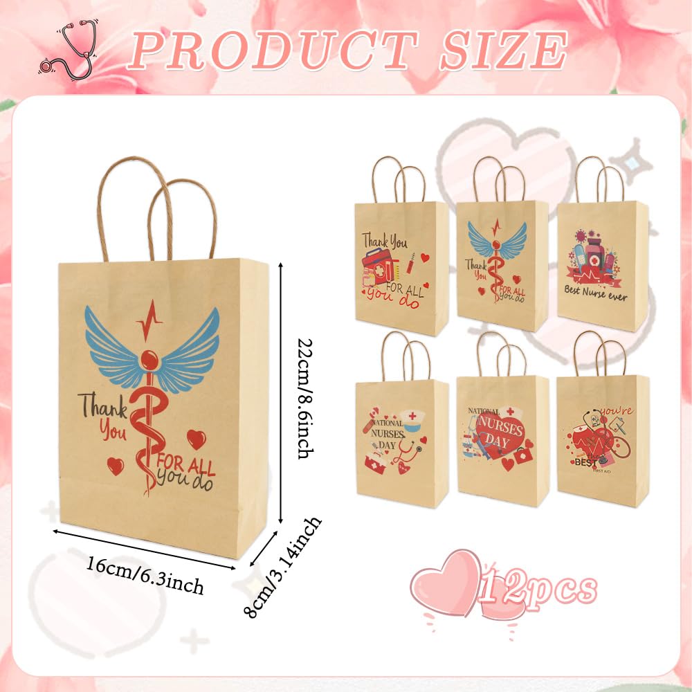 12 PCS Nurse Gift Bags for Medical Assistant Gifts Paper Nurse Goodie Bags with Handle for Student Thank You Doctor Healthcare Workers Graduation Party Favors Supplies Decorations Appreciation Wrap