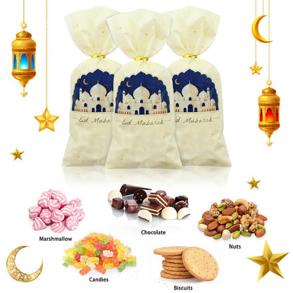 Eid Cellophane Treat Bags 50 PCS,Ramadan Mubarak Plastic Candy Bags with Twist Ties,Eid Moon Castle Gift Bags Party Favor Bags For Islamic Muslim Eid Mubarak Party