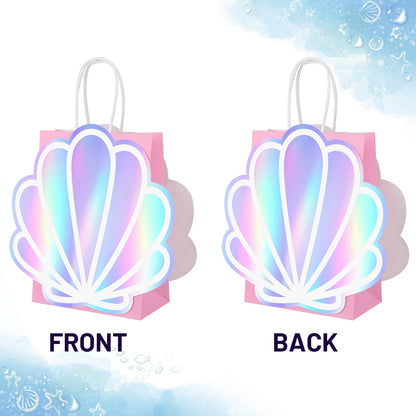 12 Pack Sea Shell Gift Bags For Mermaid Goodie Bags Party Favor Iridescent with Handle for Under The Sea Party Summer Ocean Beach Celebration Supplies