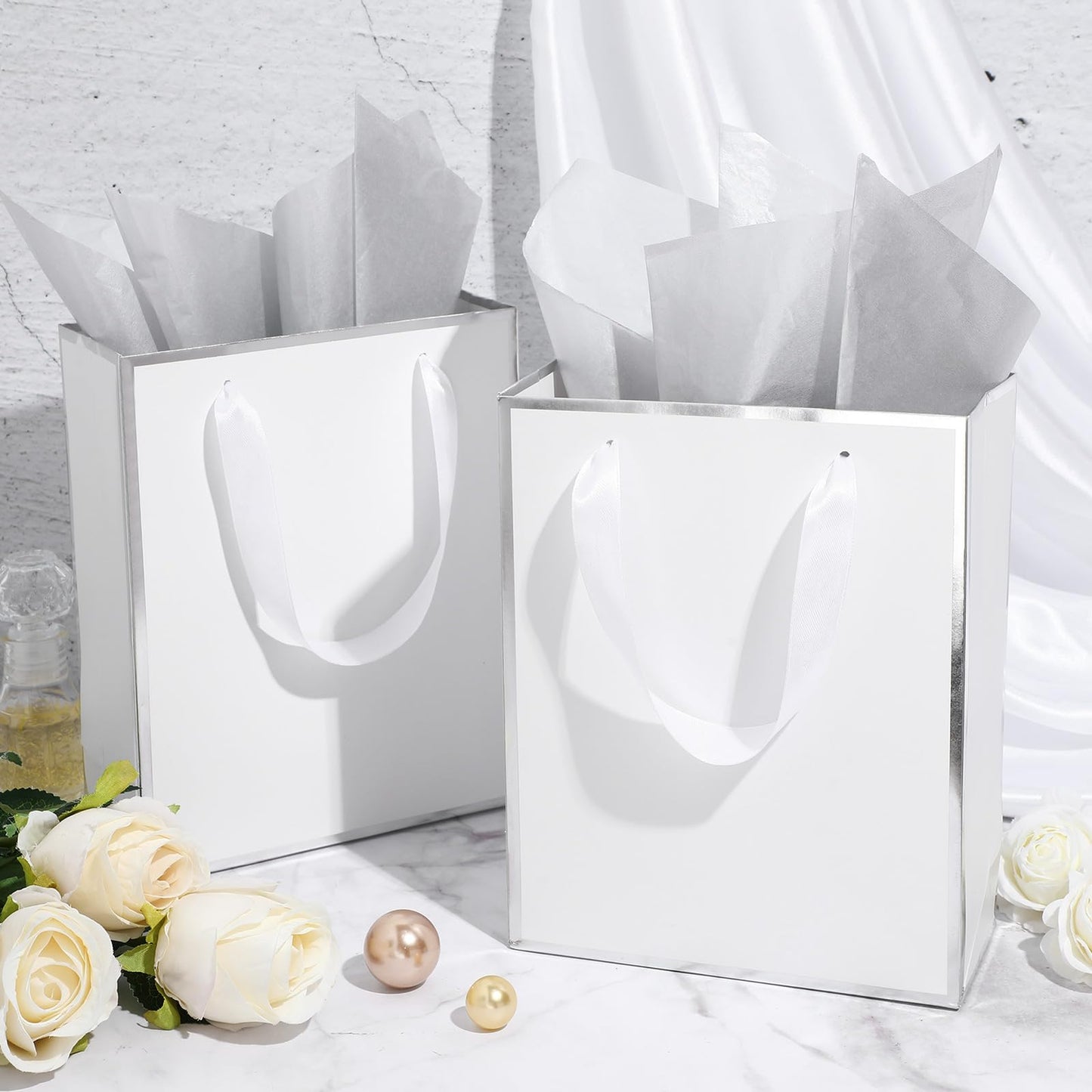 Yeaqee 50 Pack Metallic Gift Bags with Handle and Tissue Paper Gold Foil Thank You Bag for Graduation Wedding Groomsmen Bridal Baby Shower Gifts Holiday Party Favors 9x7x3.15'' (White Silver)