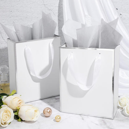 Yeaqee 50 Pack Metallic Gift Bags with Handle and Tissue Paper Gold Foil Thank You Bag for Graduation Wedding Groomsmen Bridal Baby Shower Gifts Holiday Party Favors 9x7x3.15'' (White Silver)
