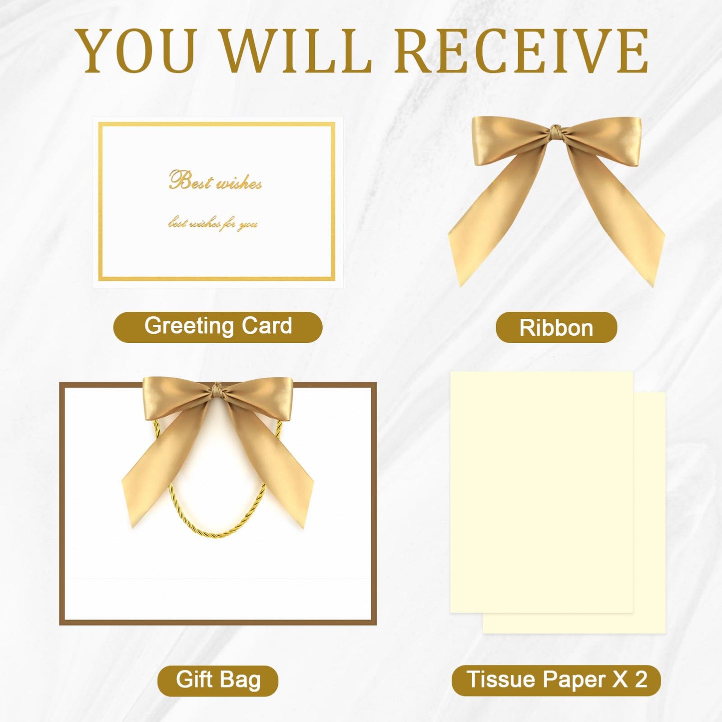 YoungTree Gift Bags with Handles, 13" Medium Gift Bag with 2 Tissue Paper and 1 Card, Present Bag for Graduation Wedding Baby Shower Bridal Shower Birthday Party Supplies (White-Gold)