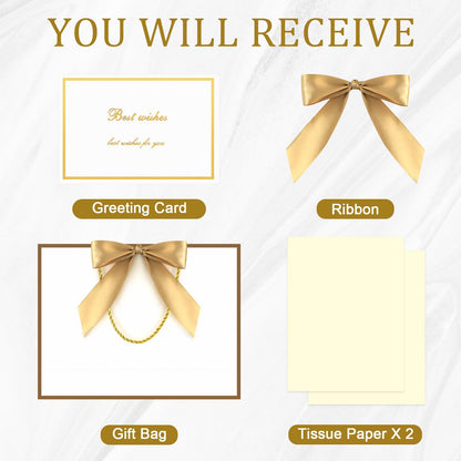 YoungTree Gift Bags with Handles, 13" Medium Gift Bag with 2 Tissue Paper and 1 Card, Present Bag for Graduation Wedding Baby Shower Bridal Shower Birthday Party Supplies (White-Gold)