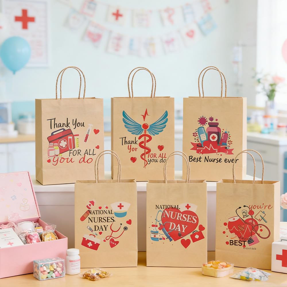 12 PCS Nurse Gift Bags for Medical Assistant Gifts Paper Nurse Goodie Bags with Handle for Student Thank You Doctor Healthcare Workers Graduation Party Favors Supplies Decorations Appreciation Wrap