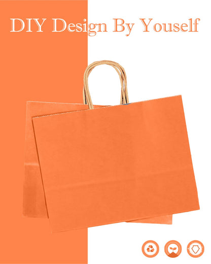 qiqee 100PCS Large Gift Bag with Handles Bulk 13"x4.5"x10" Gift Bags Kraft Orange Multiple Uses (32x11x25cm,Wide Large)