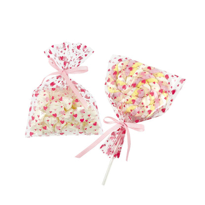 EKAPACKAGING 50Pcs 5x7 Inches Cellophane Treat Bags with Pink Ribbons, Pink Heart Pattern Gift Bags, Small Valentine's Day Goodie Bags for Candy, Marshmallow Pops, Cake Pops, Party Favors