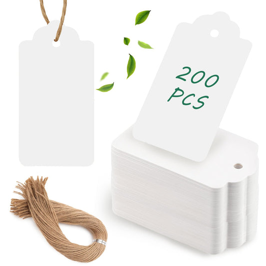 SallyFashion 200PCS Gift Tags, 2.8×1.7 Inch Hang Tags with String for Presents DIY Weddings Bridal and Baby Showers Birthdays