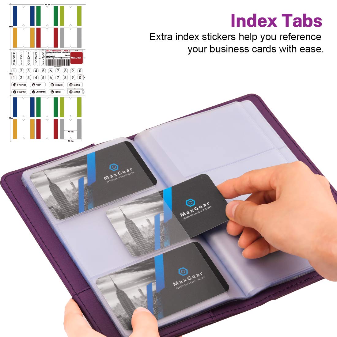 MaxGear Business Card Organizer Book, Holds 240 Cards, Portable PU Leather Business Card Holder with Clear Sleeves, Professional Card Binder for Office, Meetings, Networking, Purple