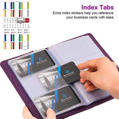 MaxGear Business Card Organizer Book, Holds 240 Cards, Portable PU Leather Business Card Holder with Clear Sleeves, Professional Card Binder for Office, Meetings, Networking, Purple