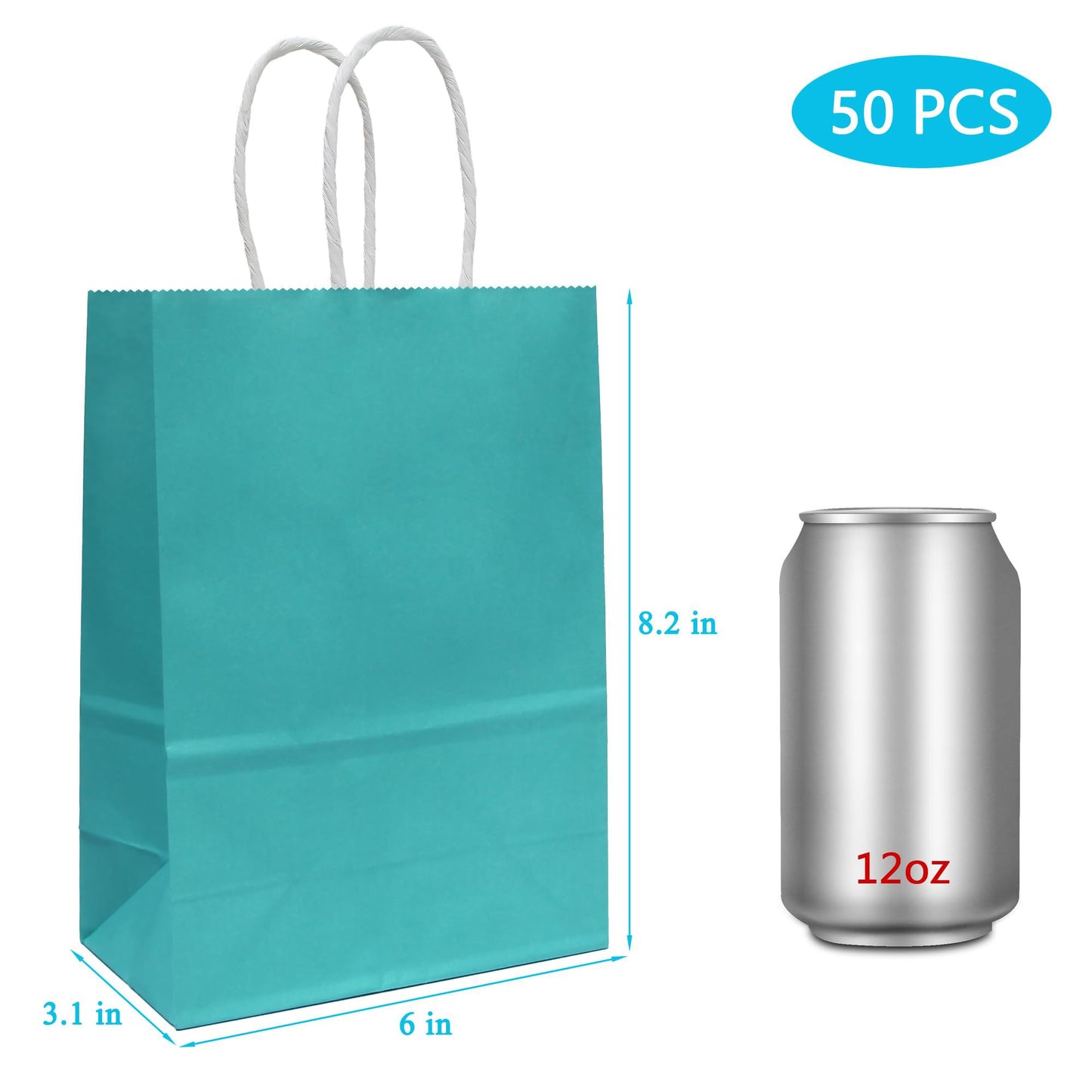 ADIDO EVA 50 Pcs Small Gift Bags Teal Blue Kraft Paper Bag Turquoise Gift Bags with Handles for Party Favors (8.2 x 6 x 3.1 In)
