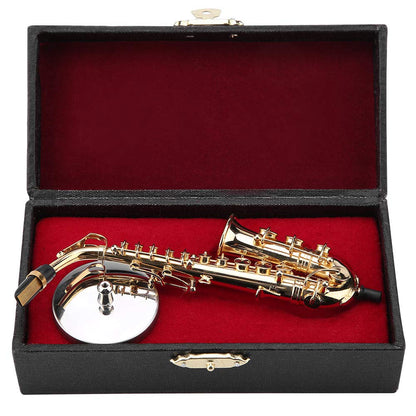 Maxmartt Miniature Alto Saxophone with Stand and Case Gold Plated Mini Musical Instrument Saxophone Replica Collectible Figurines Model Birthday Gifts Home Decoration Display Ornament