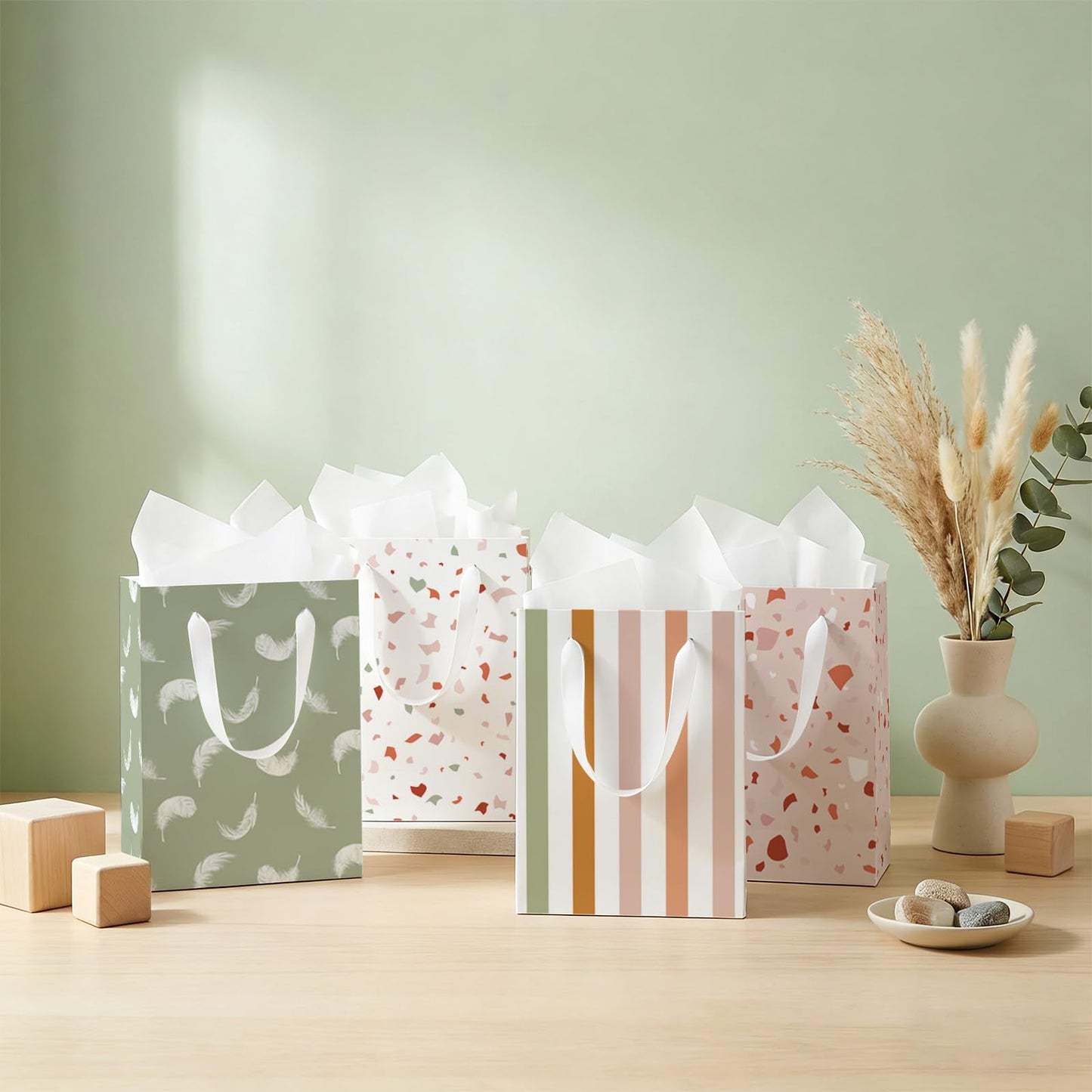 Beautiful Gift Bags Set of 4, Small Birthday Gift Bag with Ribbon Handle Matching Tissue Paper for Men Women Birthday Baby Shower Weddings Mothers Day Party Favor Holiday Presents-7" X 4" X 9"