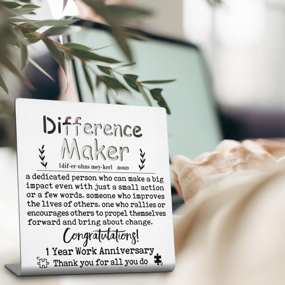 Difference Maker Work Anniversary, 1 Year Employee Appreciation gift, Motivational Office gift for Coworker Team Member Boss, Thank You Recognition 1 Year Work Anniversary Decor Signs-LSG50