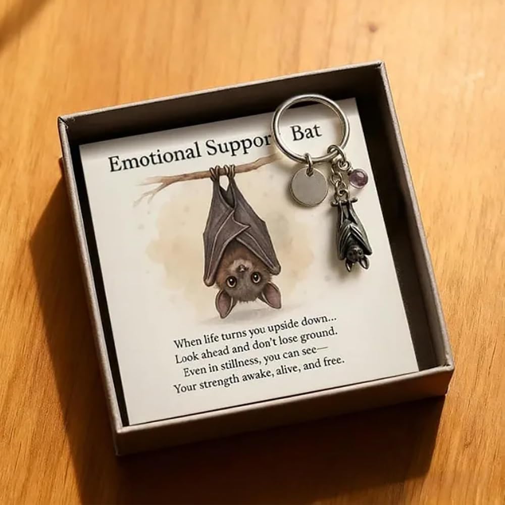 Emotional Support Bat Inspirational Keychain, Vintage Bat Pendant Encouragement Verse Card Gift for Friends
