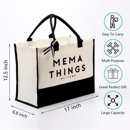 Mema Things Canvas Bag Gift, Mema Gift, Cotton Canvas Tote Bag, Utility Tote Shopping Bag Grocery Bags, Mema Canvas Beach Bag, Novelty Birthday Gift for Women, Mother's Day Gift for Mema Her Grandma