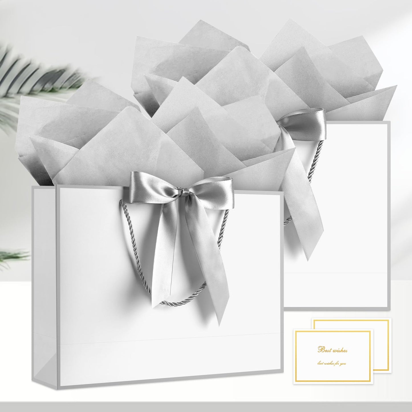 JMANNI Gift Bags with Handles, 13” Medium Gift Bag for Presents, 1 Pcs Bags with 2 Tissue Paper and 1 Cards for Baby Shower Wedding Bridal Shower Mother's Day Birthday Party (Silver)