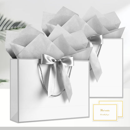 JMANNI Gift Bags with Handles, 13” Medium Gift Bag for Presents, 1 Pcs Bags with 2 Tissue Paper and 1 Cards for Baby Shower Wedding Bridal Shower Mother's Day Birthday Party (Silver)
