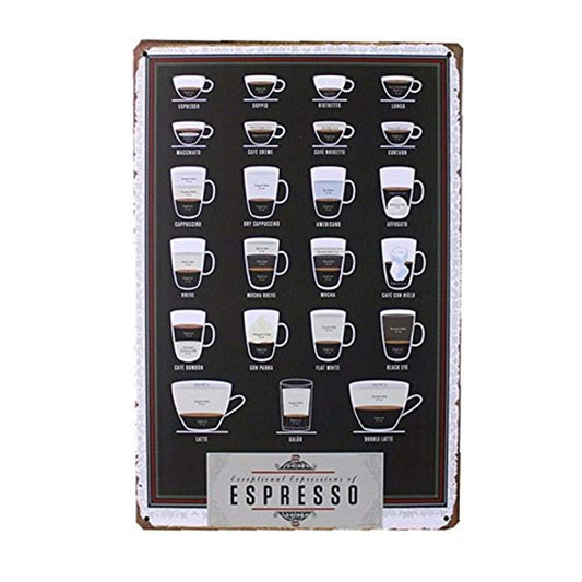 Types of Espresso's Cup Coffee Lover Metal Wall Art, Espresso Guide Sign, Rustic Kitchen Decor, Cafe-Themed Home Bar Sign, Gift for Coffee Enthusiasts 8x12"(Y03)