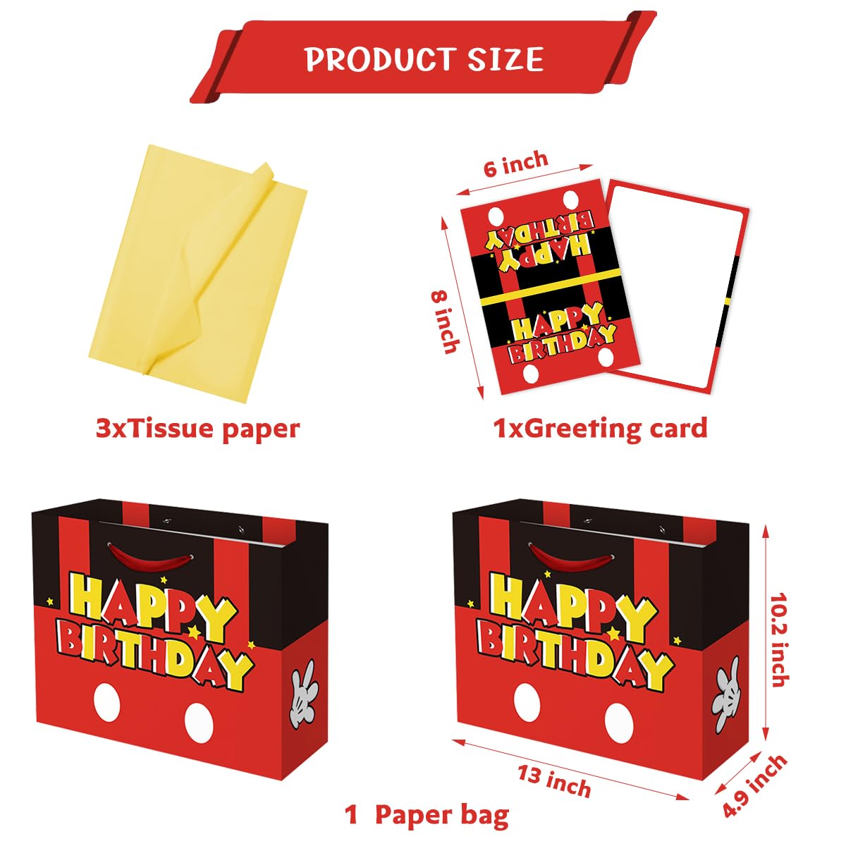 NF ORANGE Mouse Party Bag Inculde 13'' Large Tissue Paper Greeting Card, Red Mouse Theme Birthday Party Decoration