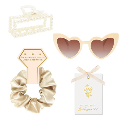Bridesmaid Proposal Gift Set, 4PCS Satin Scrunchie, Pearl Hair Clip, Heart Shaped Sunglasses & Will You Be My Bridesmaid Card, Bridesmaids Gifts for Wedding Day and Bridal Shower (Champagne Gold)