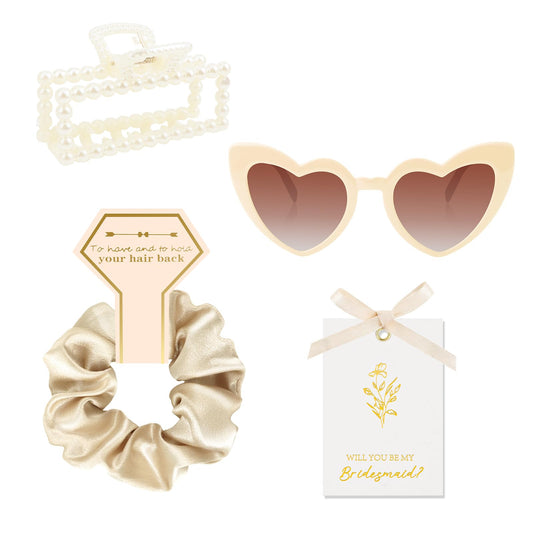 Bridesmaid Proposal Gift Set, 4PCS Satin Scrunchie, Pearl Hair Clip, Heart Shaped Sunglasses & Will You Be My Bridesmaid Card, Bridesmaids Gifts for Wedding Day and Bridal Shower (Champagne Gold)