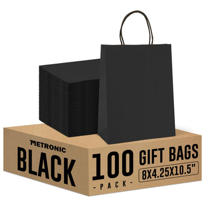 METRONIC Black Paper Gift Bags 8x4.25x10.5 Inches 100 Pack, Medium Kraft Shopping Bag with Handles for Business, Boutique, Party Favors, Retail Stores, Gift Wrap Bulk