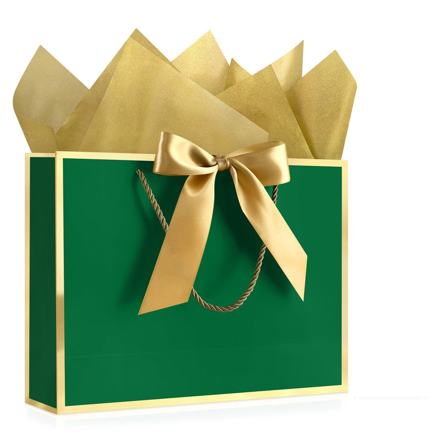 JMANNI 1PCS Gift Bag with Ribbon and 1 Greeting Card 2 Tissue Papers, Portable Paper Gift Bag with Handles for Graduation Baby Shower Wedding Fathers Day Mother's Day Birthday Party (green gold
