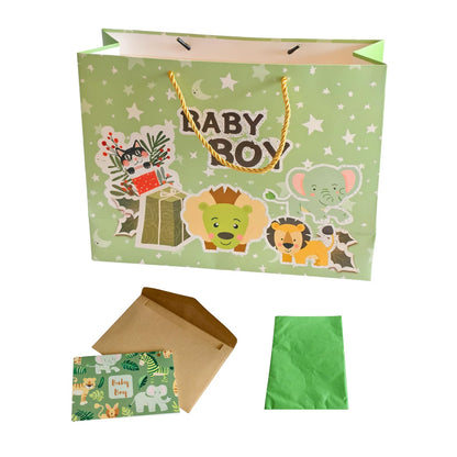 DiffyGo 13" Large Baby Gift Bag for Baby Shower with Tissue Papers and Card (Green)