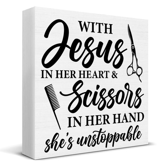 Hairstylist Gift, Hairdresser Gift, Hair Stylist Gifts for Women Her, Rustic with Jesus in Her Heart and Scissors in Her Hand Wooden Sign Home Hair Salon Barbershop Decor 5×5 Inches