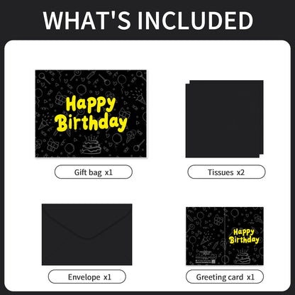 FOREVER 7 STAR Black Happy Birthday Gift Bag With Handles Tissue Papers and Greeting Card,13 Inch Medium Size for Birthday Perfect for Men,Dad,Boy