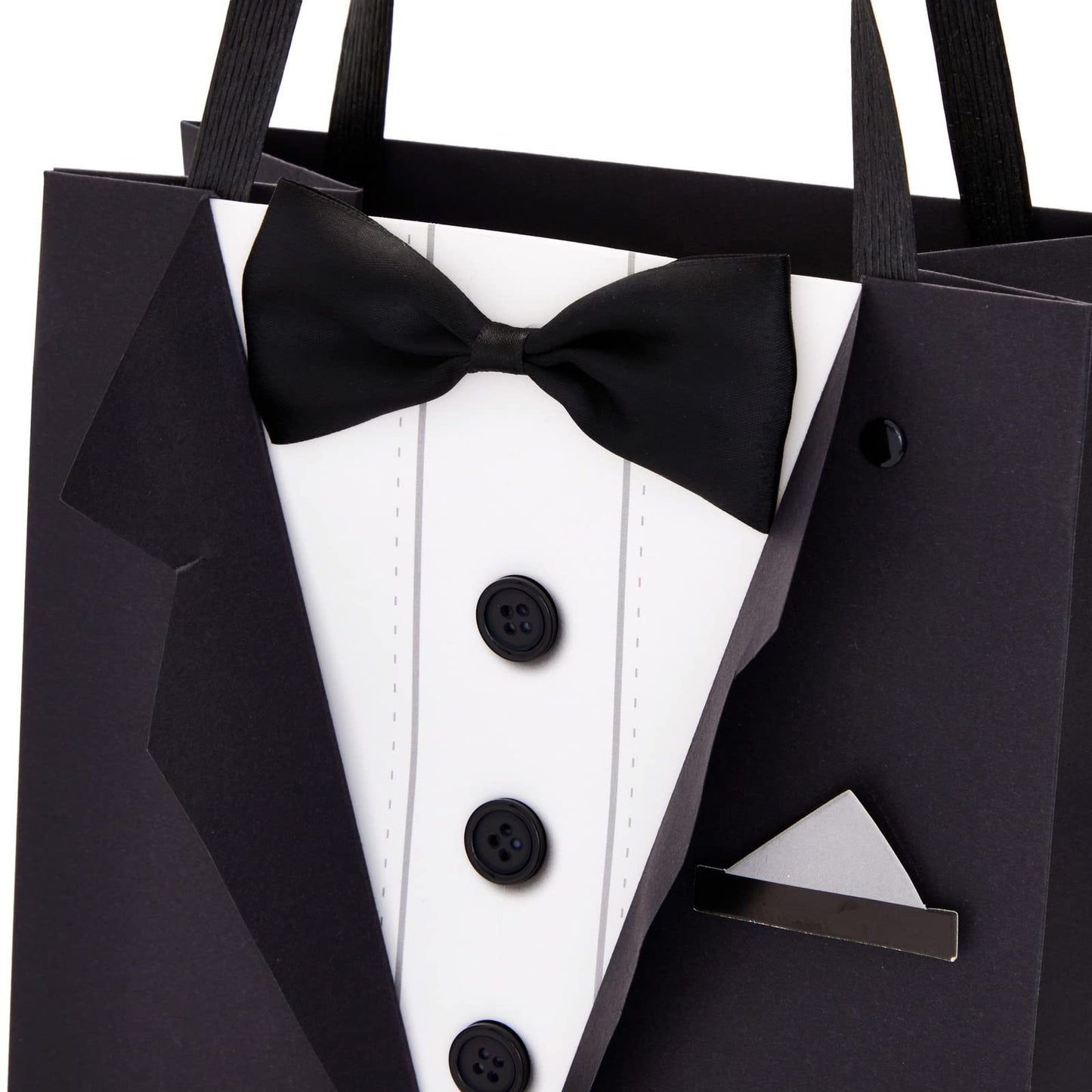 Sparkle and Bash Groomsmen Gift Bags With 3D Tuxedo Design, Satin Bow Tie & Real Buttons - Black, 6 Pack, 8 x 4.5 x 10 In - Wedding & Bachelor Party - Tuxedo Gift Bags for Men