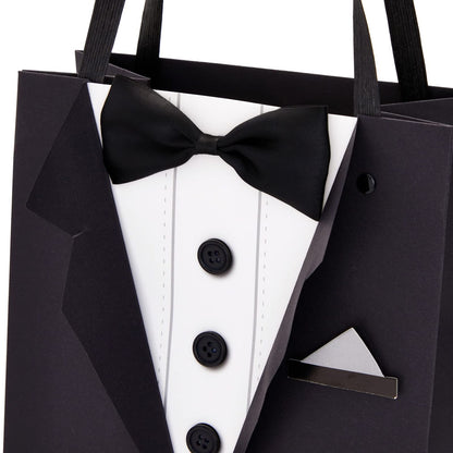Sparkle and Bash Groomsmen Gift Bags With 3D Tuxedo Design, Satin Bow Tie & Real Buttons - Black, 6 Pack, 8 x 4.5 x 10 In - Wedding & Bachelor Party - Tuxedo Gift Bags for Men