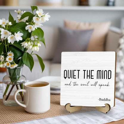 Zen Decor, Meditation Accessories, Spiritual Decorations, Zen Meditation Gifts for Office Yoga Room Bedroom Decors, Quiet The Mind And The Soul Will Speak Sign Wood Plaque with Wood Stand