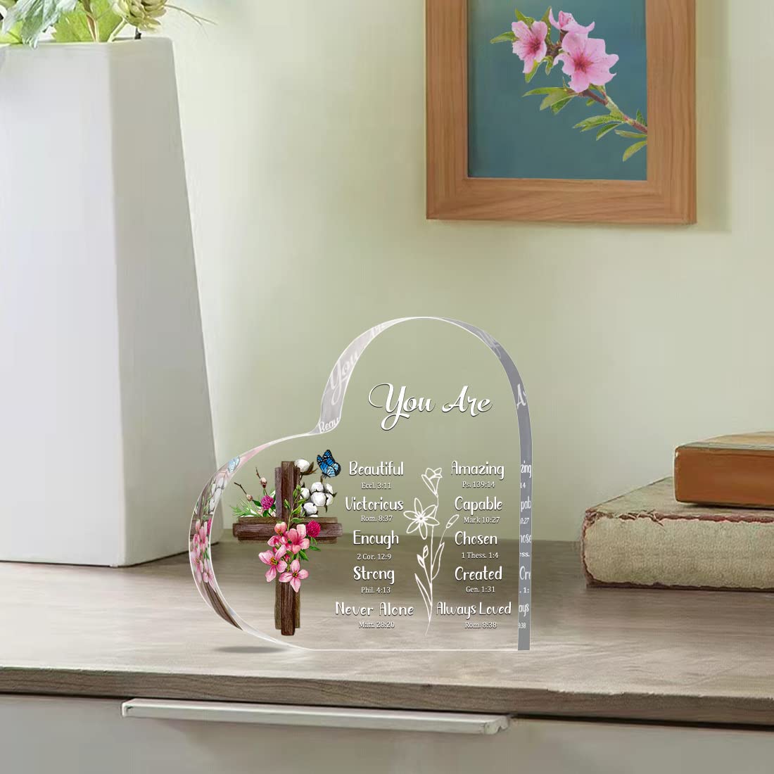 JUNQIU Christian Gifts for Women, Inspirational Gifts for Women Religious, Bible Verse and Encouragement Spiritual Gifts, Gifts for Woman, Mom, Friend, Sister-Acrylic Hearts Plaques