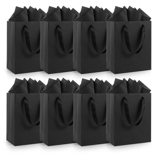 Epoesch 8 Pack Black Small Gift Bags with Handles and Tissue Paper, 8x5x10 Inch Paper Bags for Men, Women, Birthdays Party, Baby Showers, Weddings, Valentine's Day, Easter, Anniversaries (Black small-8Pcs)