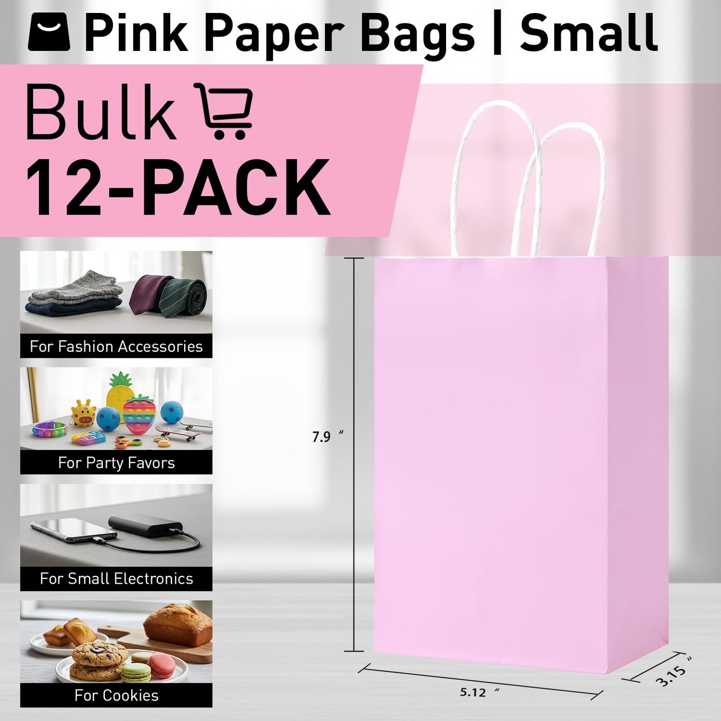 SUNCOLOR 12-Pack Pink Gift Bags with Handles, 7.9x5.12x3.15 Inches Kraft Paper Party Favor Bags for Baby Showers, Birthdays, Weddings