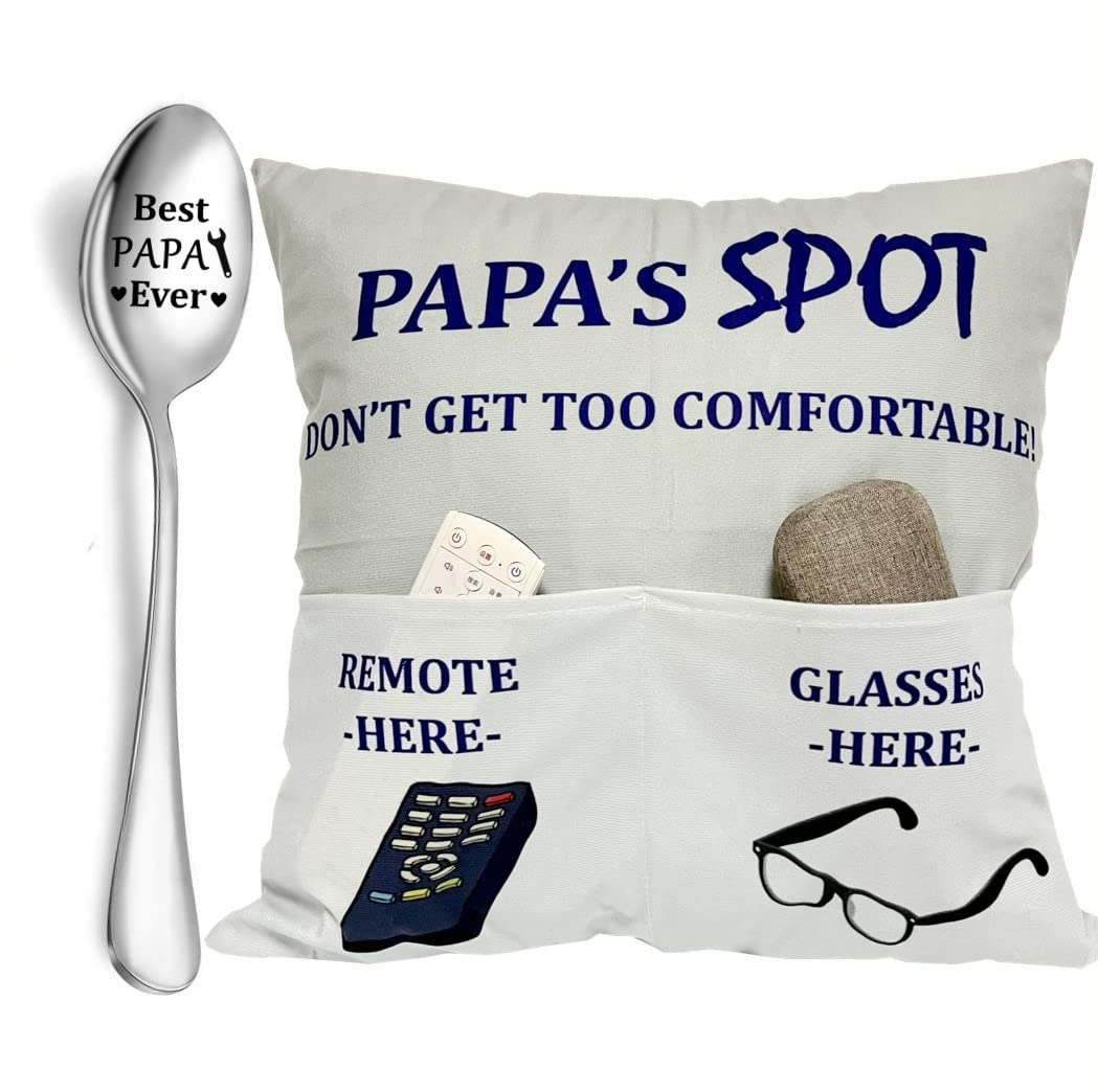 Papa Gifts Grandpa Gifts, 2-Pocket 2-Sided Papa Pillow Covers 18x18 Inch and Engraved Spoon, Fathers Day Birthday Christmas Thanksgiving Day Gifts for Papa Popop Granddad