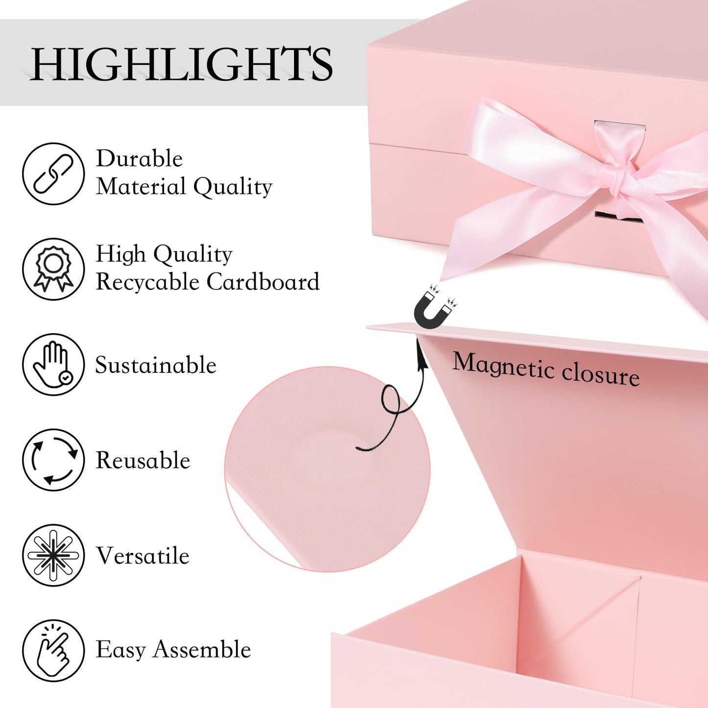 LFBOX Pink Gift Box with Ribbon Magnetic Lids 10.2x9x3.74 in, Christmas Gift Boxes Bridesmaid Groomsman Proposal Boxes, Wedding Storage Box 5 Pack
