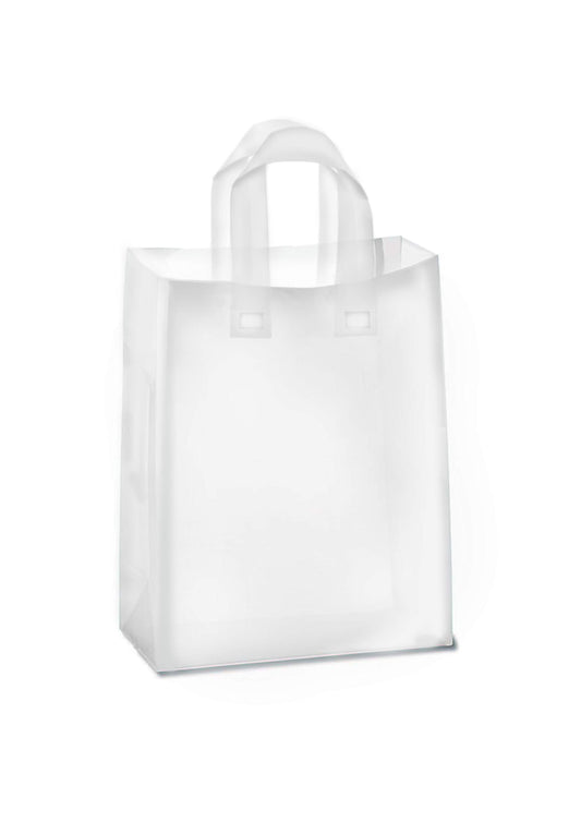 Purple Q Crafts Frosted Plastic Gift Bags 100 Pack 8" x 10" x 4" Clear Frosted Bags with Soft Loop Handles and Cardboard Insert, for Gifts Retail and More