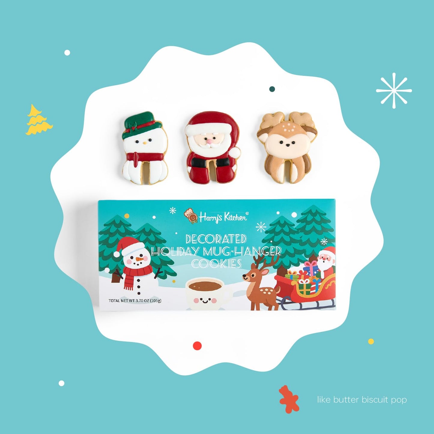 Harry's Kitchen Christmas Cookie Gift Set - Decorated Holiday Cookies with Santa, Snowman & Reindeer, Classic Festive Assortment for Gifting