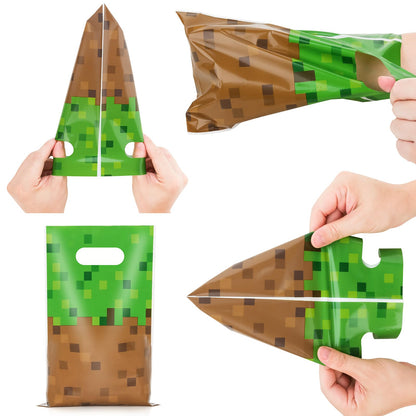 ADARRO 50PCS Pixel Birthday Party Favor Bags, Green and Brown Pixel Video Game Theme Party Goodies Candy Snack Treat Bags