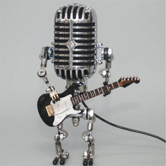 Vintage Microphone Guitar Robot Lamp, Music Gifts for Men, Cool Gifts for Music Lovers, Vintage Light Home Decor Nightstand Desk Lamp for Bedroom, Music Studio (Black)
