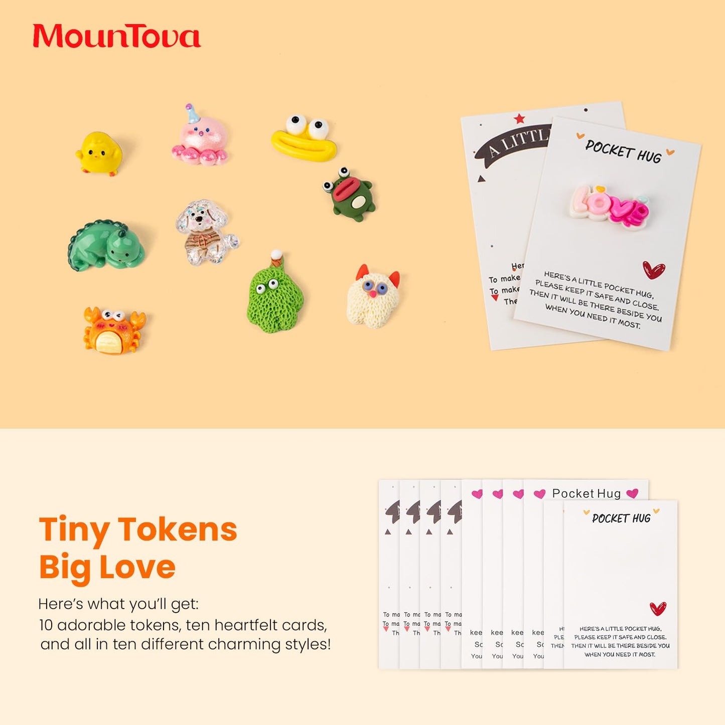 10 Sets Pocket Hug, Cute Pocket Hug Token with Mini Figurines for Anxiety Relief & Emotional Support, Small Thinking of You Cards Party Favors Appreciation Gifts for Men Women Coworkers