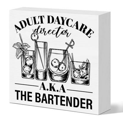 Funny Bartender Gifts for Women Men, Bartender Mixologist Christmas Birthday Gift Farmhouse Home Bar Cart Table Decor Wooden Sign, Adult Daycare Director Aka The Bartender