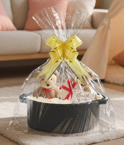 momolette Basket for Gifts Empty, Woven Gift Basket Set with Gift Bag, Ribbon, Greeting Cards & 5.3 oz Raffia Paper Filler for Birthdays, Baby Showers, Weddings, Holidays (Black)
