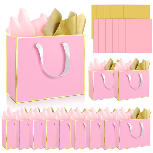 Epoesch 12 Pack Fancy Pink Gift Bags with Handles and 24 Tissue Paper, Medium Size11.8"x10"x4" Inch for Birthdays, Weddings, Party Shopping, Corporate Gifts, Easter, Mother's Day, Holiday (Pink Gold)