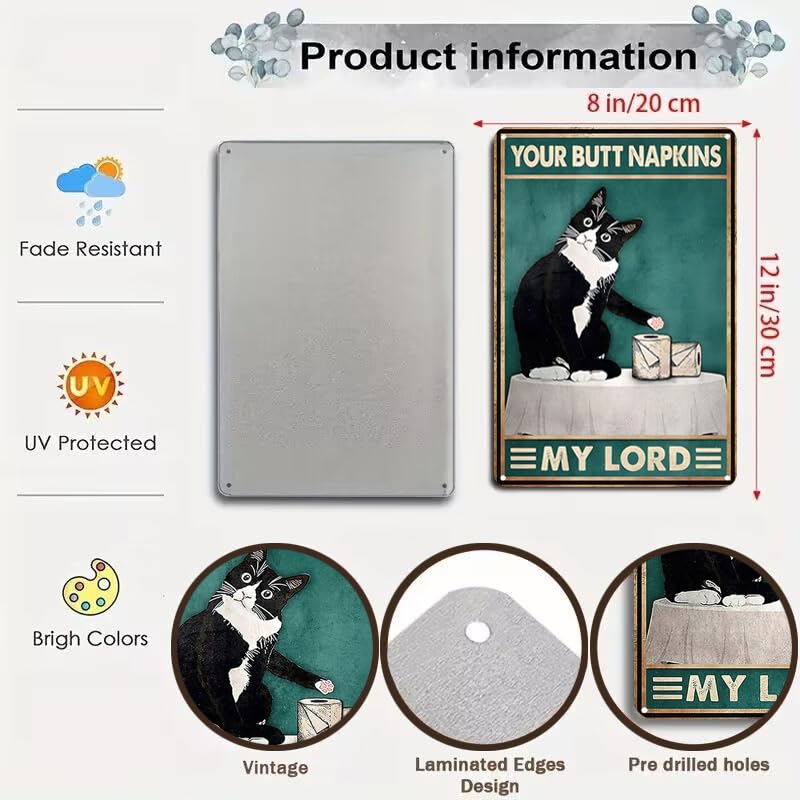 Crazysign Funny Cat Bathroom Toilet Decor Sign Tuxedo Cat Your Butt Napkin My Lord Tin Sign for Cat Lovers Gift 8x12 INCH (3055)
